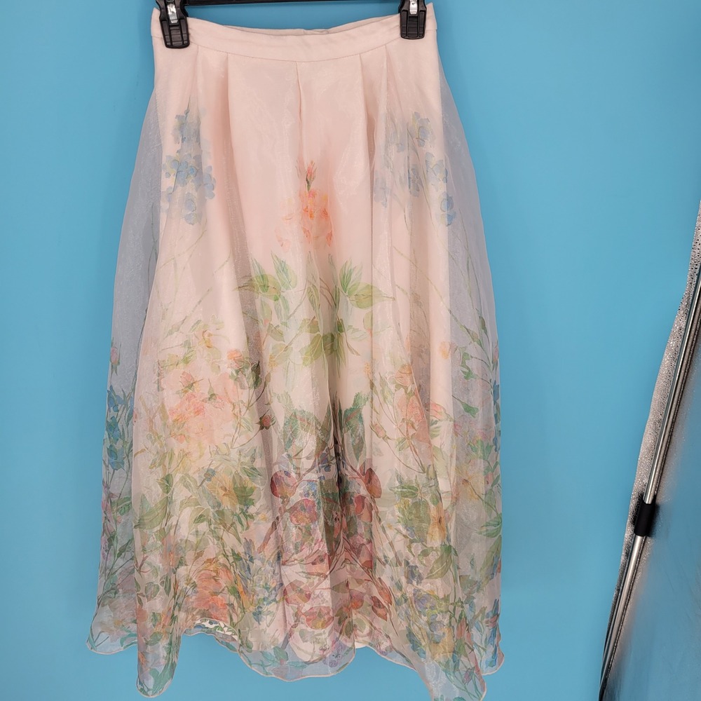 H&M Floral Midi Skirt Womens Size 6 Cottagecore Organza Overlay Pleated romantic